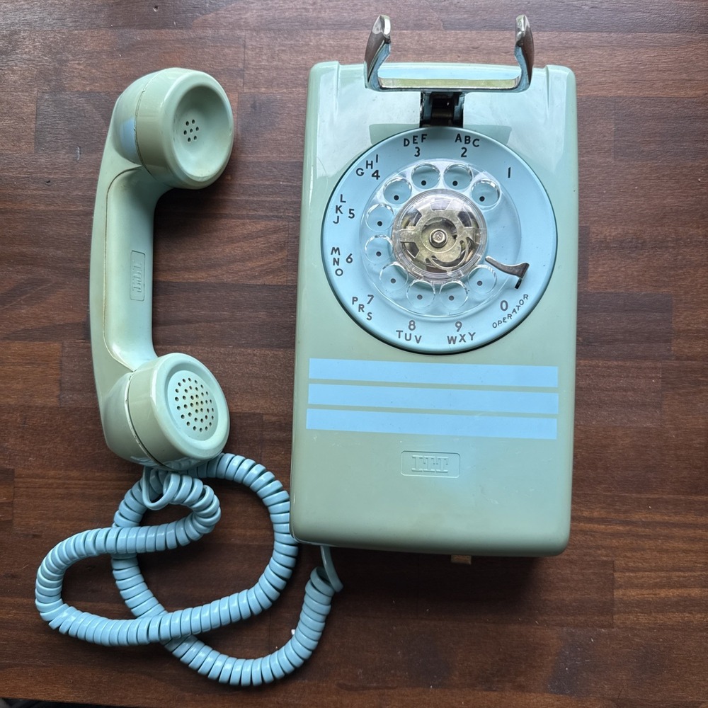 Western Electric 554 Telephone, Aqua Blue Wall Phone with Rotary Dial
